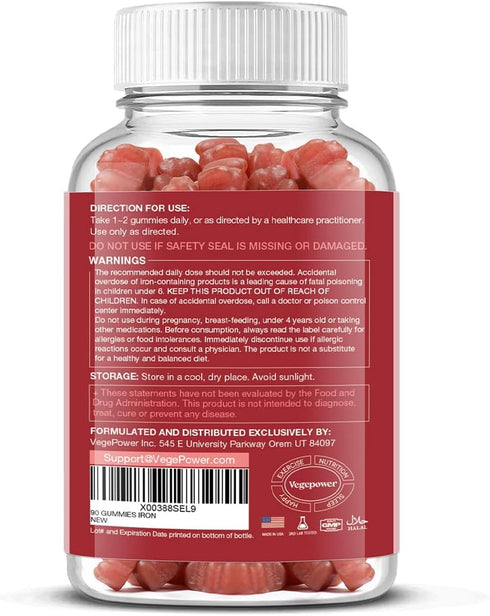 Vegan Iron Gummies Supplement - with Vitamin C, A, B-Complex, Folate, Zinc for Adults & Kids - Blood Builder & Energy Support for Iron Deficiency,...