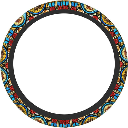 Beauty and Beast Fairytale Glass Elastic Steering Wheel Cover, Universal 15 Inch Suitable for Women, Non-Slip Car Accessories...