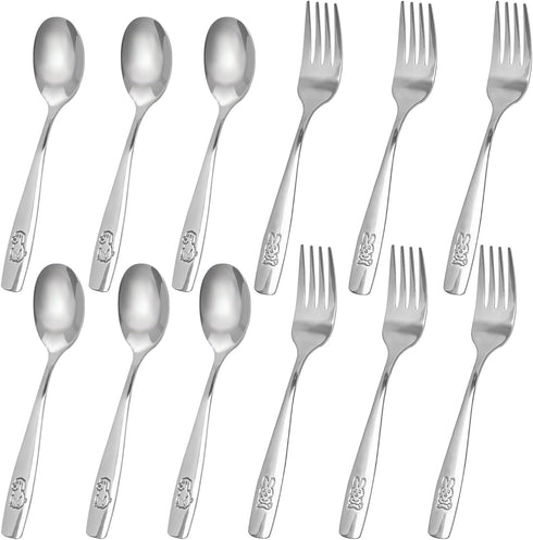 HANSGO 12PCS Children Safe Forks and Spoons, Silverware for Kids Cutlery Set Toddler Utensils Stainless Steel Tableware with Bunny and Puppy Motif...