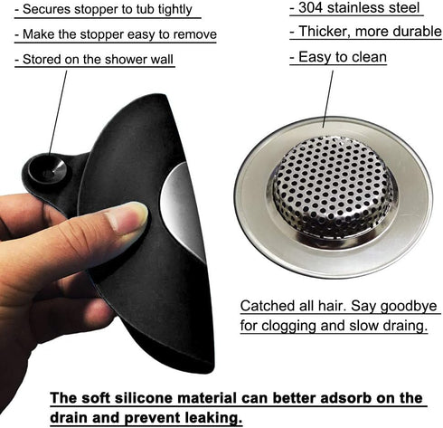 2PCS Bathtub Stopper Hair Catcher Kit, Bathtub Drain Strainer, Tub Stopper Plug Cover, Sink Filter, Silicone Drain Stopper for Bathroom, Laundry (...