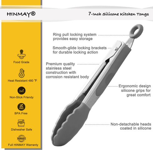 Small Serving Tongs with Silicone Tips 7 Inch Mini Stainless Steel Food Tongs, Set of 3 (Gray)...