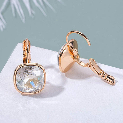 Austrian Crystal Square Cushion Drop Leverback Earrings for Women 14K Rose Gold Plated Hypoallergenic Jewelry...