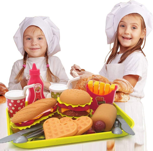 Pretend Play Fast Food Set, Play Food for Kids Kitchen - Play Kitchen Accessories - Toy Foods with Play Burger and Hot Dog Plastic Food for Preten...