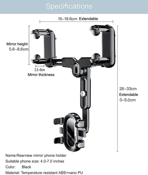 360°Rotatable and Retractable Car Phone Holder, Multifunctional Adjustable Mount, Universal Rearview Mirror Phone Holder for All Mobile Phones (Fo...