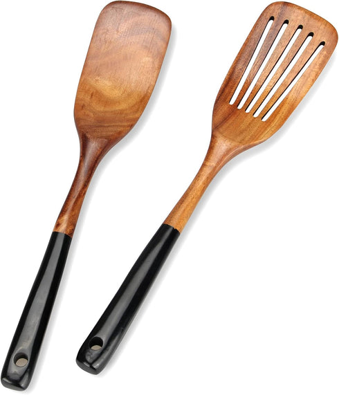 2 Pcs Best Wooden Spatula Set for Cooking Kitchen Slotted Turner Spatula Flat Wood Wok Spatula Non Stick Cooking Utensils for Frying Mixing Teak F...