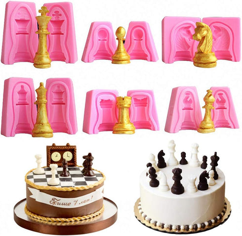 Set of 6 3D International Chess Piece Chocolate Candy Mold Kit, Chess Silicone Cake Cupcake Fondant Decorating Tool, Beeswax Candle Soap Crayon Me...