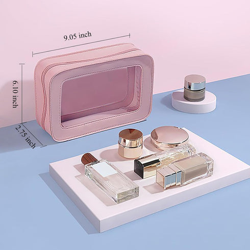 Clear and Waterproof Makeup Bag Portable Travel Cosmetic Case Organizer for Women Toiletry Pouch with Transparent Vinyl Windows & Zippers (Pink).....