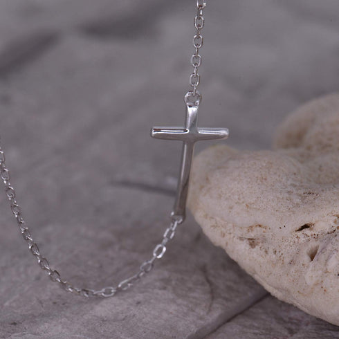 Dainty Sideways Cross Bracelet in Sterling Silver - Celebrity Style Horizontal Cross Bracelet...