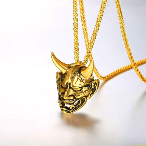 U7 Hannya Mask Necklace, Mens Gothic Punk Pendant, Stainless Steel Silver Black Personalized Evil Demon Horn Jewelry Oni Necklaces with 22 Inch Ch...