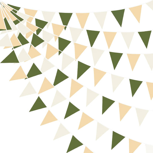32Ft Sage Green Party Decorations Olive Green Tan Brown Cream Neutral Triangle Flag Fabric Banner Pennant Bunting Garland Streamers for Birthday W...