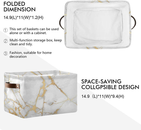 White Gold Marble Storage Basket Bin Large Fabric Toys Storage Cube Box with Handles Collapsible Closet Shelf Cloth Organizer Basket for Nursery B...