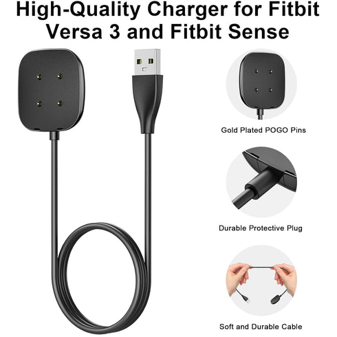 Charger Cable for Fitbit Versa 4/ Versa 3/ Fitbit Sense 2/ Sense Fitness Tracker, Soft Durable Replacement USB Charging Cable, Two Sizes for Choic...