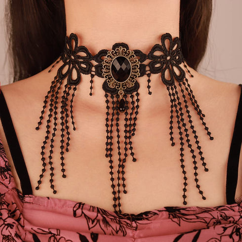 Chargances Stempunk Long Tassle Beaded Necklace Halloween Goth Black Lace Rhinestone Choker Collar Costume Party Prom Vampire Collar for Women and...