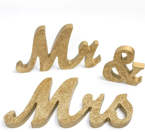 Mrs & Mr Letters Decorative Signs - Sweetheart Table Wedding Decoration, Photo Props, Banner (Gold Glitter)...