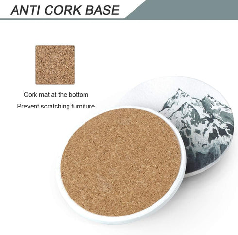 Lahome Mountain Range Coasters - Round Drinks Absorbent Stone Coaster Set with Ceramic Stone and Cork Base for Kinds of Mugs and Cups (Mountain Ra...
