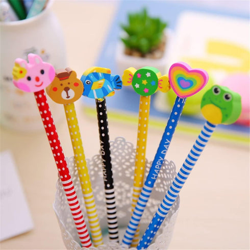 Yansanido Pack of 10 Colorful 7.28 Inch Length Random Cartoon Eraser Pencils, Cute Pencils for Office, School Supplies Students Children Gift (10)...