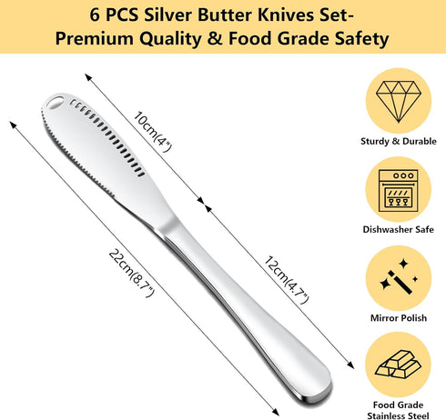 6PCS Silver Butter Knives Set, Highly Mirror-Polished Butter knife Spreader, Stainless Steel Spreader Knife, Butter Slicer, Serrated Butter Cutter...