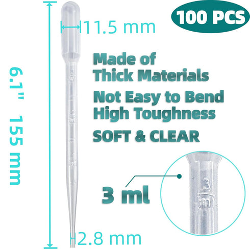 100 PCS 3ML Dropper Pipette - Disposable Plastic Transfer Pipettes for Accurate Liquid Transfer, Excellent Suction, Perfect for Oils, Resin, Craft...
