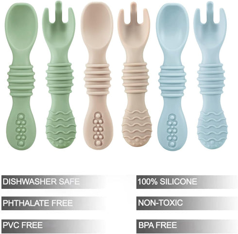 PandaEar 6 Pack Silicone Baby Spoons & Forks | Baby Feeding Set Self Feeding Utensils, Toddler Infant Feeding Spoon Forks BPA Free First Stage...