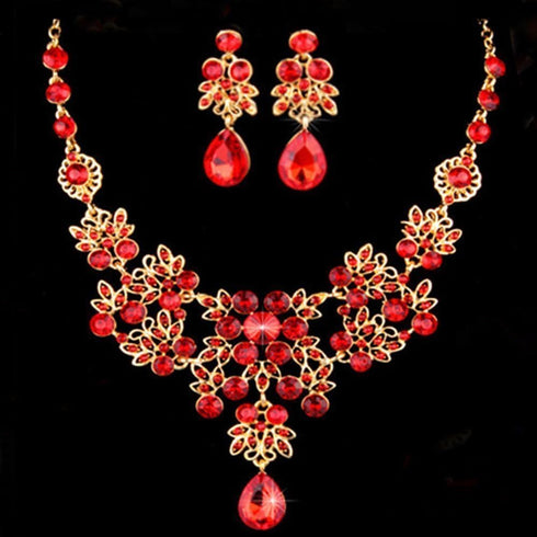 Silver Red Alloy Rhinestone Earrings Crystal Pendant Necklace Bridal Jewelry Set...