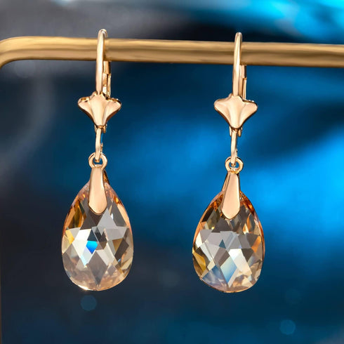 Austrian Crystal Teardrop Leverback Dangle Earrings for Women Fashion 14K Gold Plated Hypoallergenic Jewelry...