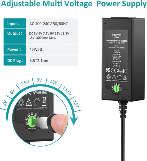 45W Universal 15V 13.5V 12V 9V 7.5V 6V 5V DC Power Supply, Switching AC Adapter Replacement Power Cord for LED Strip Lights Baby Monitor Security ...