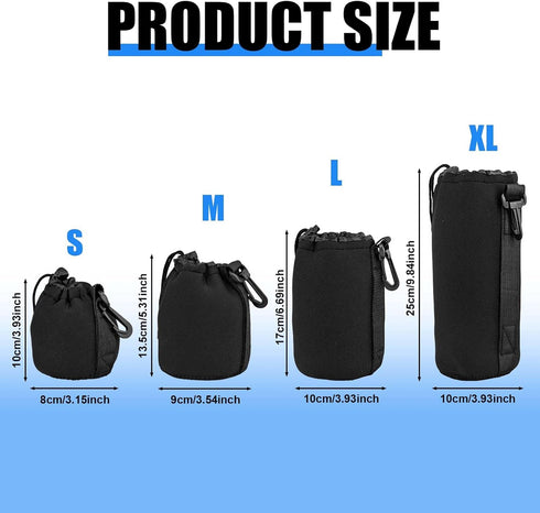 4pcs Camera Lens Bag, 4 Sizes Drawstring Lens Pouch with Thick Protective Neoprene Black Camera Lens Case Bag for Canon, Nikon, Sony, Pentax (Smal...