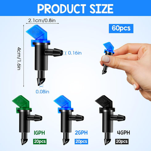 Drip Emitters, 60 Pcs Irrigation Drippers Garden Flag Drip System Parts, 3 Sizes, 1 GPH, 2 GPH, 4 GPH for Home Garden Trees and Shrubs Watering, 3...