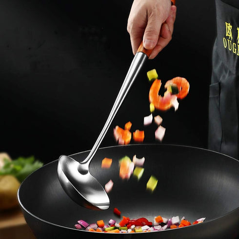 FJNATINH Soup Ladle, 17inches Ladle for wok, 304 Stainless Steel Soup Spoon Cooking Spoon for Kitchen with Wooden Handle...