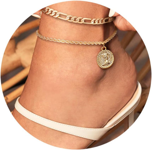 Gold Anklets Bracelets for Women Waterproof 14K Retro Coin Initial Bracelets Layered Birthflower Ankle Adjustable Handmade Cuban Chain Anklet Brac...