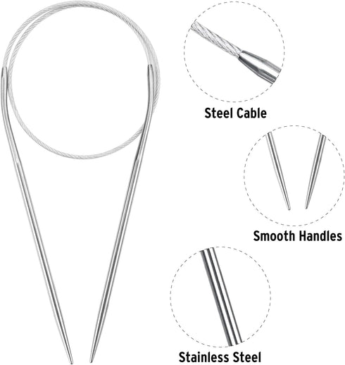 16 Inch Circular Knitting Needles Set, Stainless Steel Round Knitting Needles,11 Pack Sizes 1.5-5mm Metal Circle Knit Needle with Magic Loop for S...
