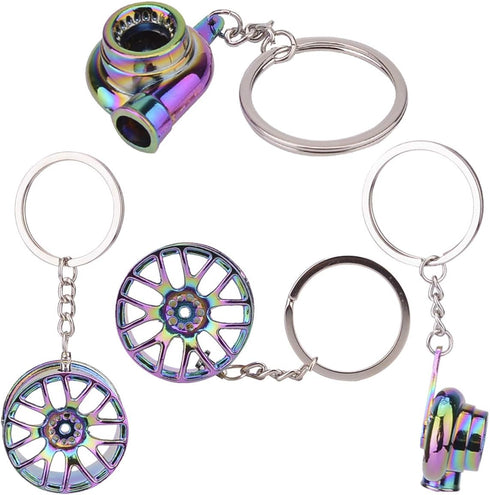 FEBRYTOLD 5 Pcs Car Parts Model Key Chains - Colorful Turbo, Black Manual Gearbox, Tire Rim, Blue Brake Rotor, Red Spring Shock-absorber Keychains...