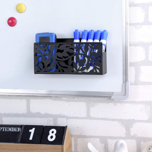 MyGift Black Metal Magnetic Dry Erase Marker Holder for Whiteboard Markers and Accessories Storage Basket Organizer with Floral Cutout Design...