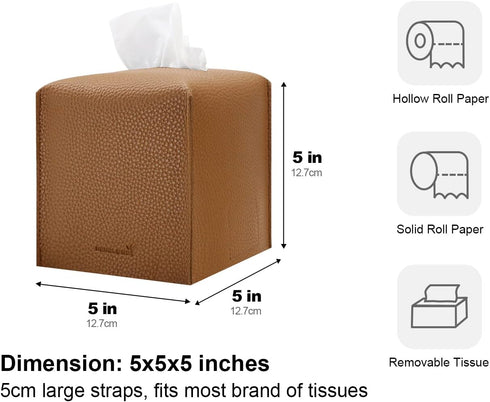 Tissue Box Cover 5X5X5'' PU Leather Tissue Holder Square Tissue Cube Box Organizer for Bathroom Vanity Countertop, Car, Night Stands, Office, Home...