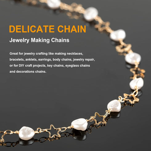 KYUNHOO 13ft Premium Copper Chain for Jewelry Making Gold Plated Brass Chain Roll with Irregular Pearls and Hollow Stars Chain for Women Necklace ...