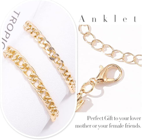 Boho Layered Anklet Gold Chunky Anklets Chain Cuban Link Ankle Bracelets for Women?2PC?...