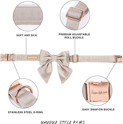Unique style paws Silk Champagne Color Dog Collar Adjustable Durable Dog Collar with Bow Wedding Bow tie Dog Collar for Small Puppy and Cats...