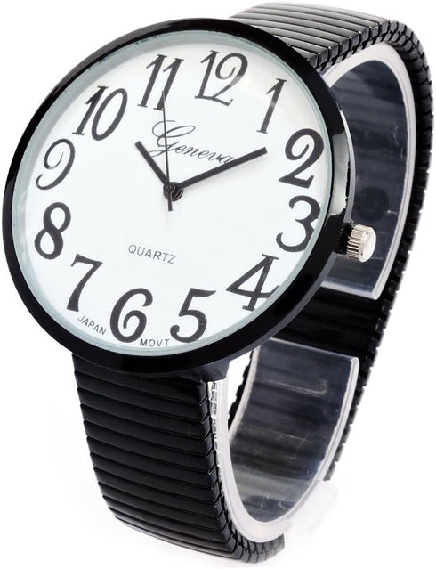 Black Super Large Face Flat Stretch Band Easy to Read Watch...
