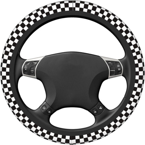 Black White Square Grid Pattern Steering Wheel Covers,Anti Slip Sweat Absorption Elasticity Car Accessories Steering Wheel Protector Universal 15 ...