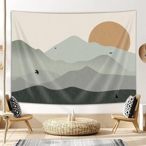 Ptrxobj Small Sage Green Mountain Tapestry Boho Abstract Sun Landscape Wall Hanging Art Mid Century Sunset Tapestries Minimalist Aesthetic Decor f...