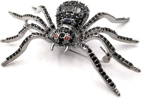 Spooky Season Eight-Legged Full Black Spider Brooch Pin with Red Eyes...