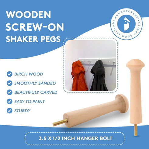 Woodpeckers Screw on Wooden Shaker Pegs 3-1/2-inch w/ 1/2-inch Tenon, Pack of 10 Wooden Wall Hooks, Wood Hooks for Hanging Shaker Peg Rail and DIY...