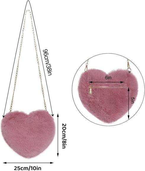 Heart Shaped Faux Fur Purse Fluffy Crossbody Bag Chain Shoulder Bag Cute Clutch Halloween Valentine Women Girls...