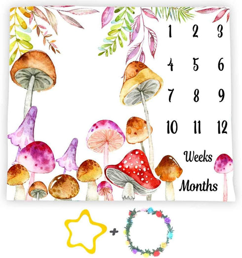 Mushroom Theme Baby Monthly Milestone Blanket, 48x40in Soft Flannel, Watercolor Backgrounds, Newborn Mom Gifts, Baby Shower Age Growth Tracker wit...