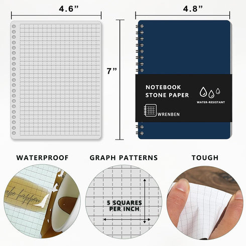 2PCS Waterproof Spiral Notebooks with Stone Paper and PVC Cover, Graph Pattern Weatherproof Notepad 100 Pages, Medium Size All-Weather Steno Pads ...