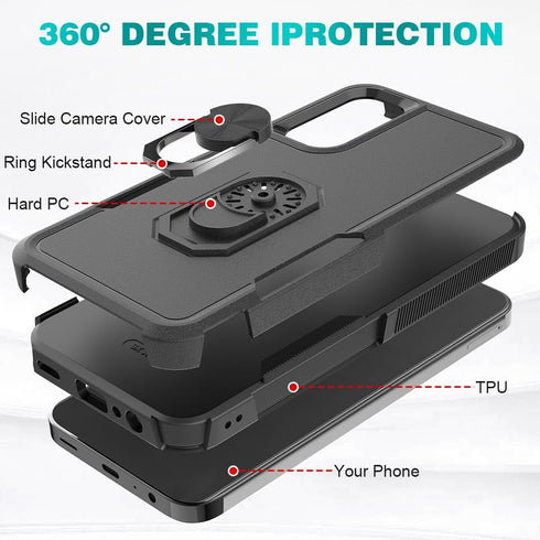 for Samsung Galaxy A15 Case with Tempered Glass Screen Protector,Dual Layer Shockproof Magnetic Kickstand Phone Case with Rotatable Ring Holder fo...