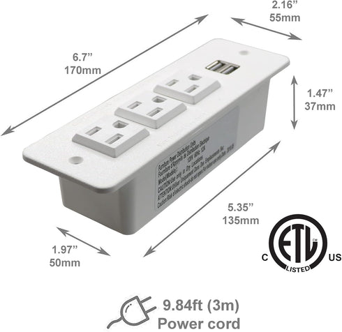 Conference Recessed Power Strip with USB Mountable Power Outlet Built in Desktop Workbench Drawer Cabinet 10'ft Heavy Duty Power Cord White...