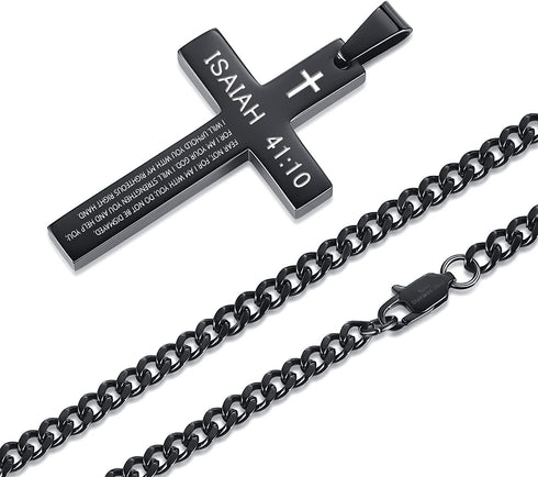 Inspirational Bible Verse Cross Necklace for Men Boys, Stainless Steel Plain Black Silver Cross Pendant Necklace for Men 20-24 Inches Curb Chain F...