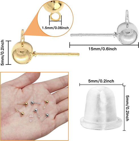 120Pcs Hypoallergenic Ball Studs for Jewelry Making,Round Ball Earring Posts Ball Post Earring Studs with Loop and 200Pcs Clear Earring Backs for ...