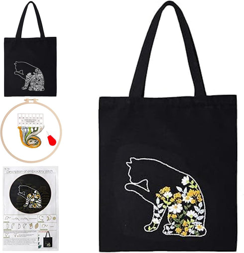 Smart-Feather Cat Embroidery Kit for Beginners Adults, Hand Embroidery Tote Bag Kit with Hoop and Patterns...